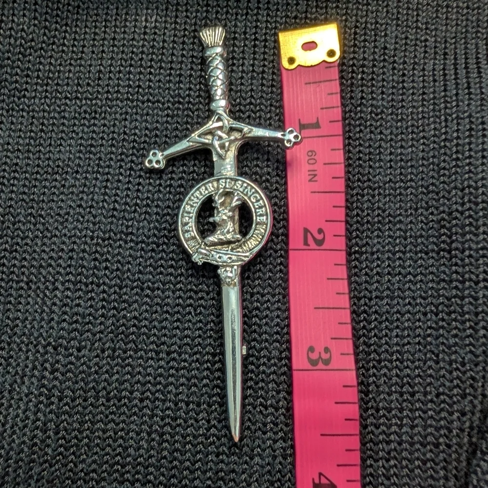 VTG Kilt Pin Sapienter Sincere Scottish Sword Brooch Pewter Clan Farquharson Pin